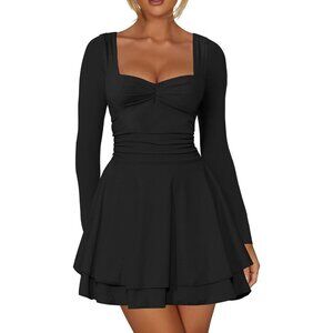 Women's Black Square Neck Long Sleeves Ruched Ruffle Corset A Line Party Dress